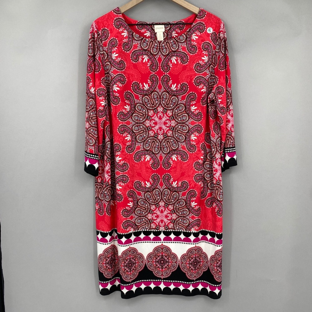 Chico's Paisley Border Print Dress Womens Size 3 XL Red Pink Black 3/4 Sleeve